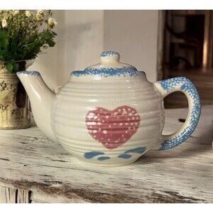 1997 Hermitage Pottery Teapot Country Americana Heart Pattern VTG Small 3.5” H